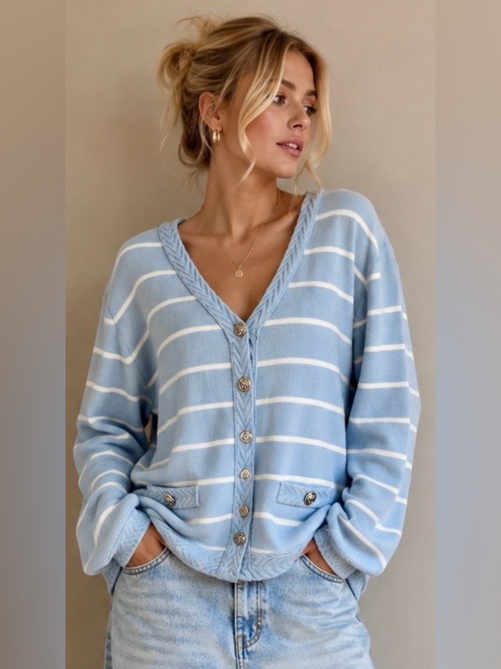 NWT - Maison d’Amelie Striped Viscose Blend Cardigan in Light Blue & Ivory